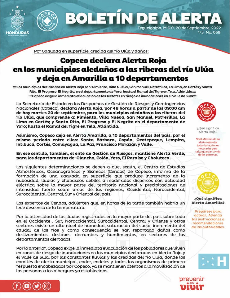 Copeco declara Alerta Roja en los municipios aledaños a las riberas del río Ulúa y deja en Amarilla a 10 departamentos 01