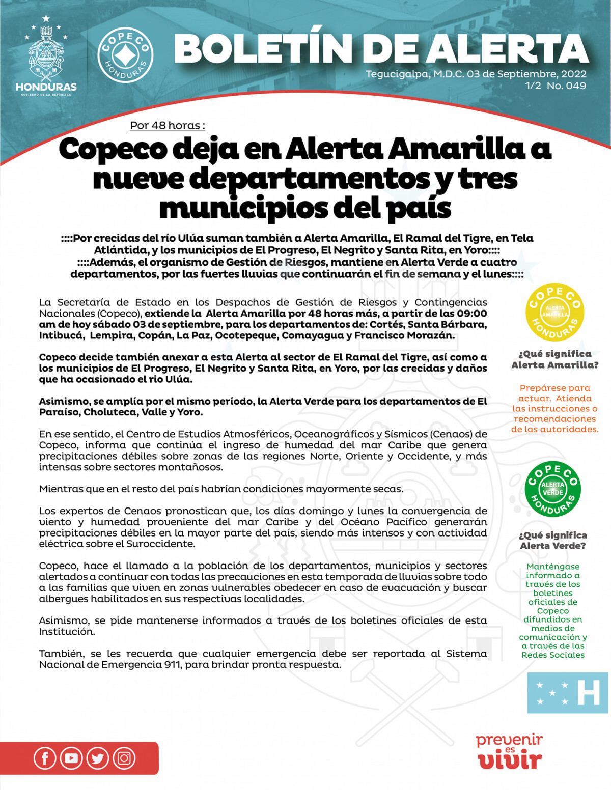 Copeco deja en Alerta Amarilla a nueve departamentos y tres municipios del país