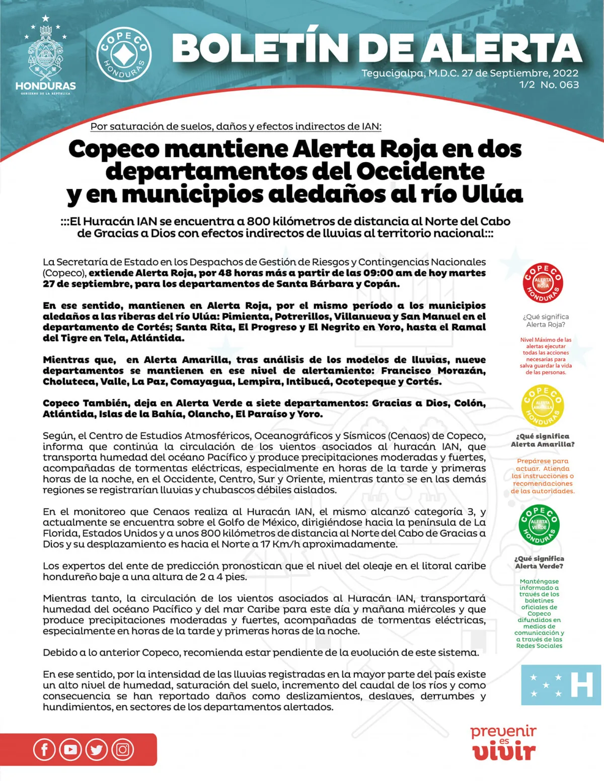 Copeco mantiene Alerta Roja en dos departamentos del Occidente y en municipios aledaños al río Ulúa 01