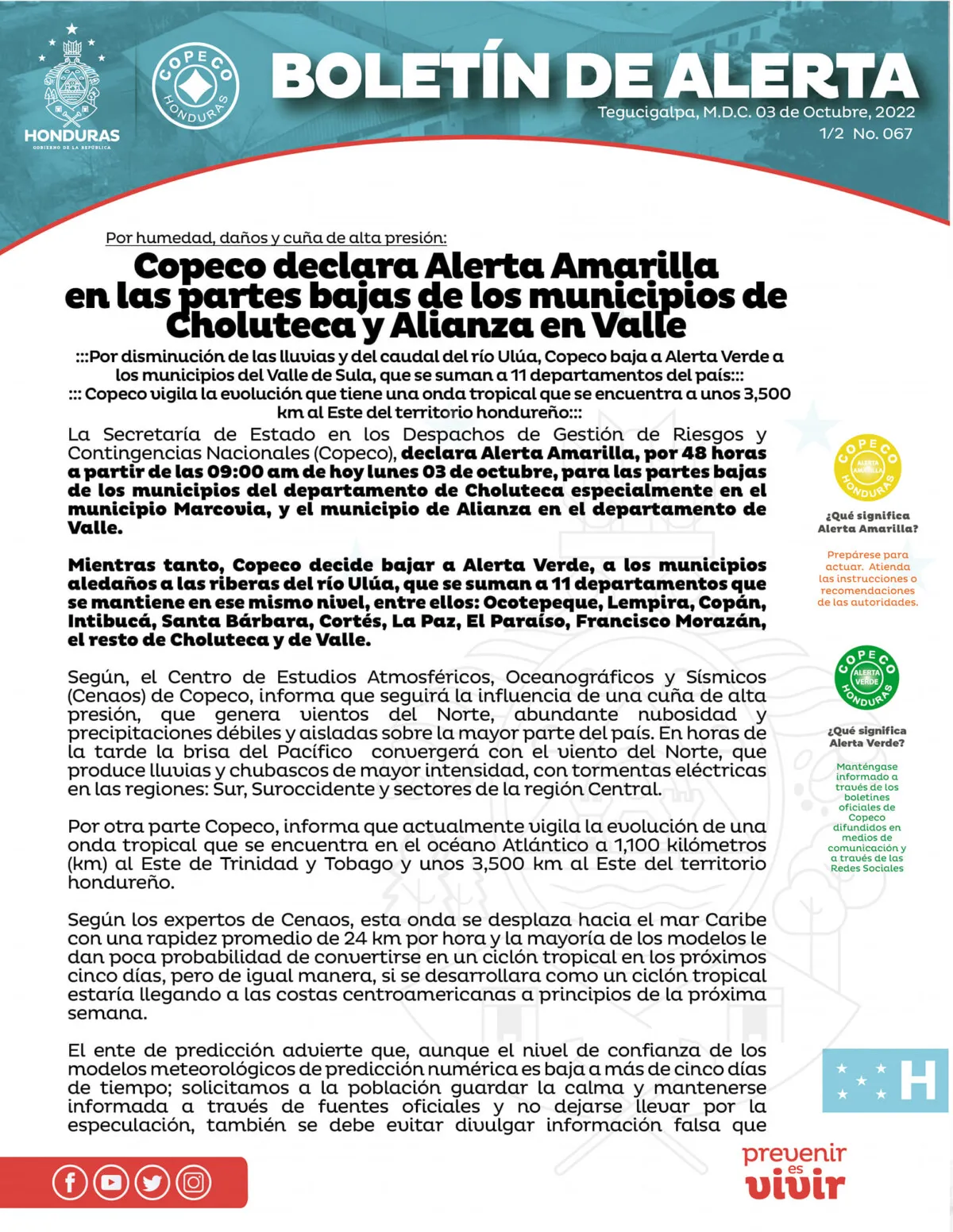 Copeco declara Alerta Amarilla en las partes bajas de los municipios de Choluteca y Alianza en Valle 01